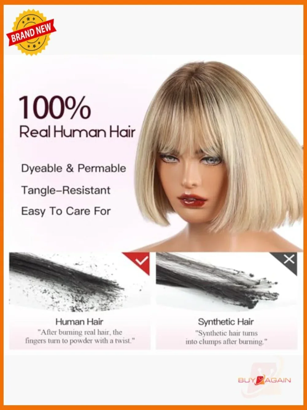 100% Human Hair Shoulder Length Bob Wig with Bangs, Breathable Cap, Daily Wear